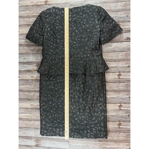 St John silk Black Metallic Siver Textured Floral Print Peplum Sheath Dress Sz 8 - Picture 6 of 9